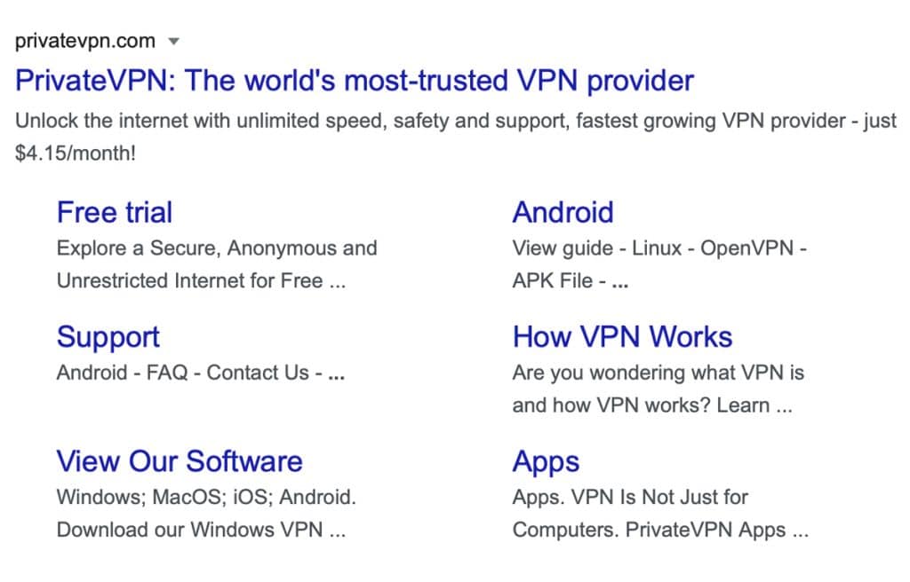 Google Results tell you a lot about PrivateVPN.
