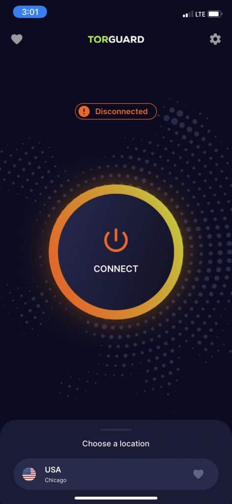 Choose a TorGuard server and then tap the "Connect" button.