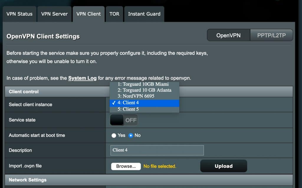 Choose an available VPN instance from your ASUS Merlin menu.