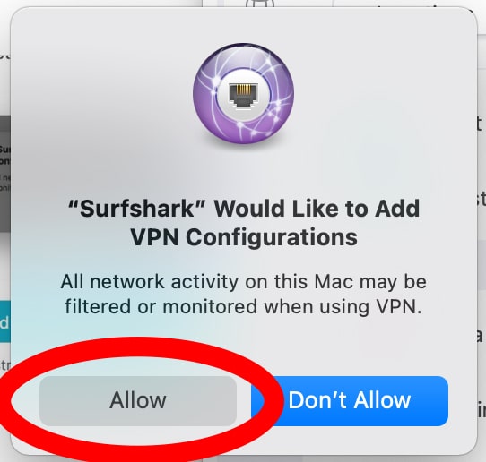 Click the "Allow" button to add the Surfshark VPN configuration to MacOS.