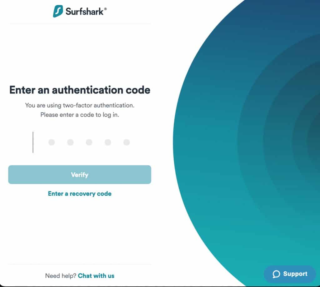 Enter Surfshark VPN 2FA code.
