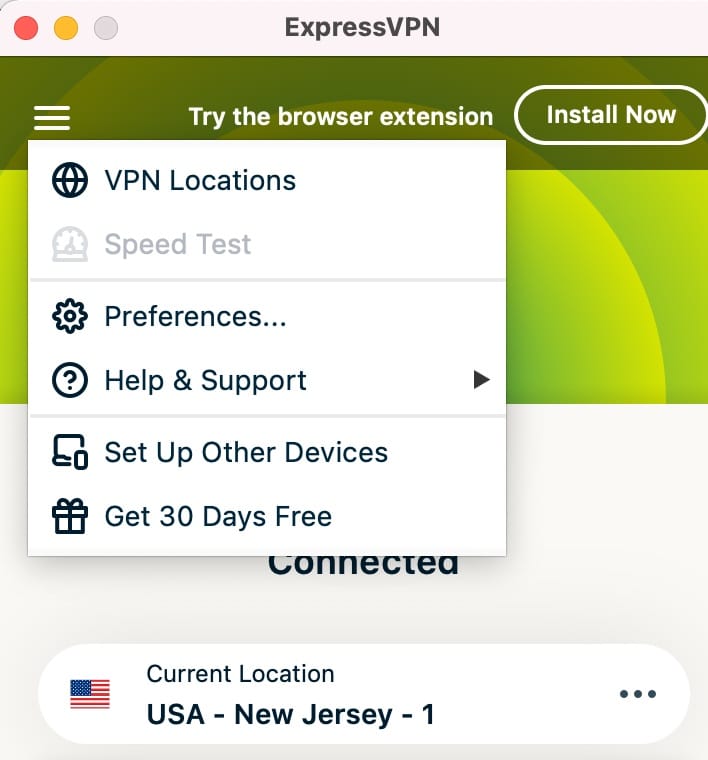 Click the hamburger menu to access ExpressVPN app Mac OS preferences.