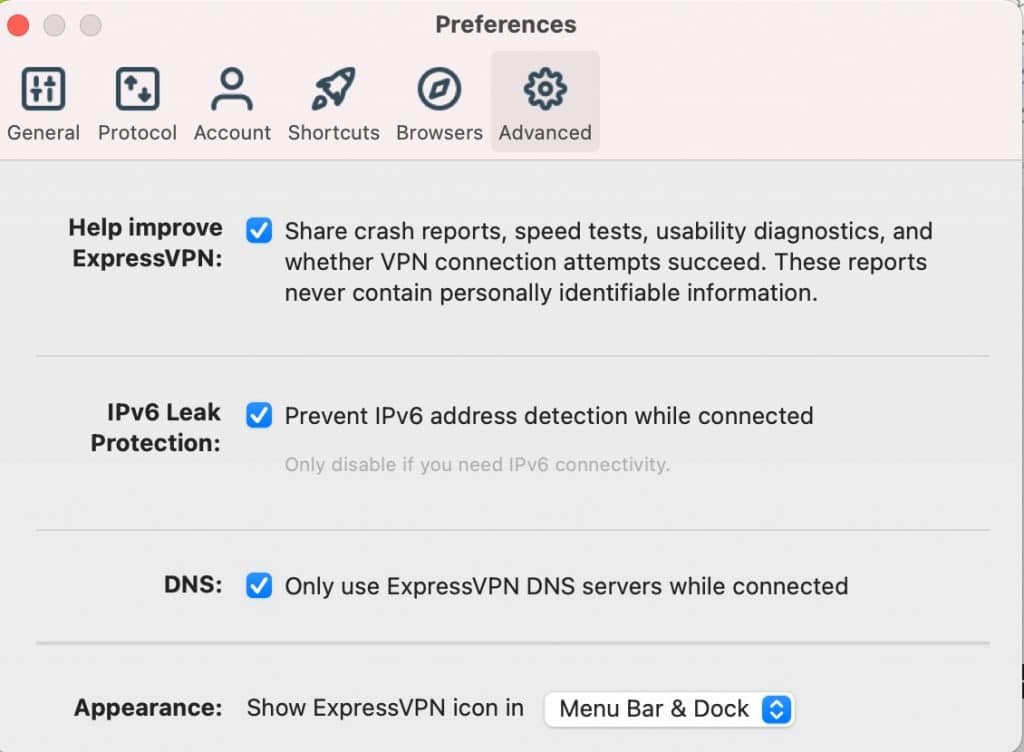 Set advanced preferences for ExpressVPN app Mac OS.