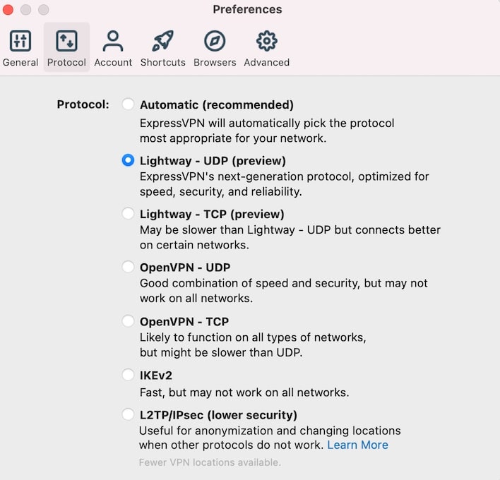 ExpressVPN for Mac OS offers these VPN protocols.