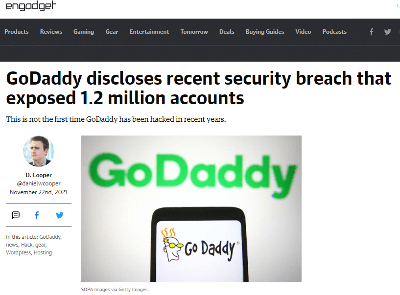 GoDaddy hack reveals third party risk.